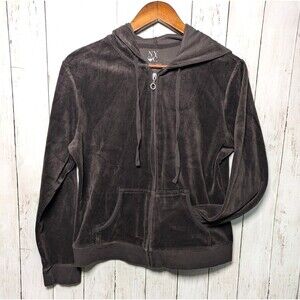 Vintage Y2K Brown Velour Zip Hoodie Size Large Rhinestone Soft Lounge Balletcore